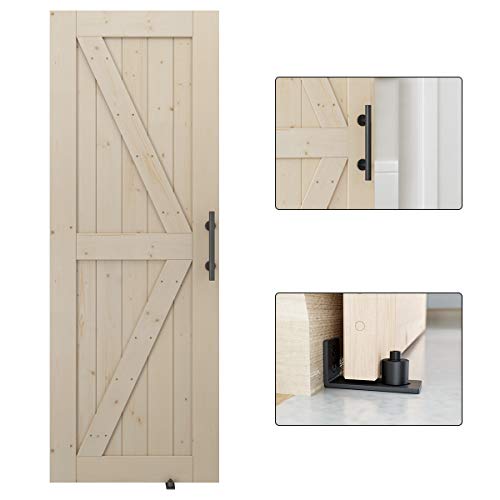 LD Build 30in x 84in Sliding Barn Wood Interior Door Slab with Barn Door Handle and Floor Guide, Solid Nature Wood, DIY Unfinished Panel, Environmental, Easy Installation, K-Frame (Fit 5FT Track)
