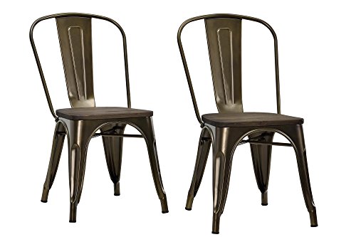 DHP Fusion Metal Dining Chair with Wood Seat, Distressed Metal Finish for Industrial Appeal, Set of two, Bronze