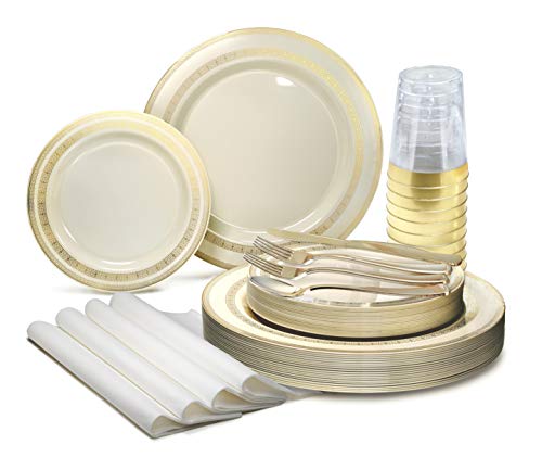 " OCCASIONS" 960pcs set (120 Guests)-Heavyweight Wedding Party Disposable Plastic Plate Set -120x10.5'' + 120x7.5'' +Silverware +Cups +linen like paper Napkins (Lace Ivory & Gold)