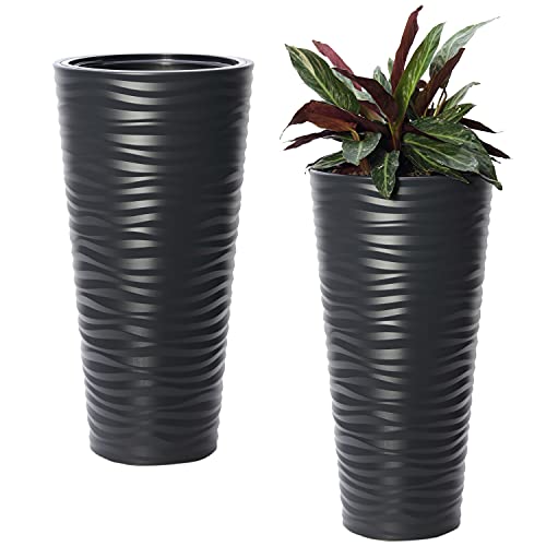 “Michigan Dunes” Tall Modern Round Flower Pot with Insert (31 inch, Grey) Set of Two