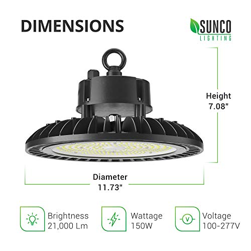 Sunco Lighting 2 Pack UFO LED High Bay, 150W, 600W HID Replacement, 21,000 LM, 5000K Daylight, IP65 Waterproof, Commercial Grade Lighting, Hook Mount, Safety Cable, Warehouse - UL, DLC