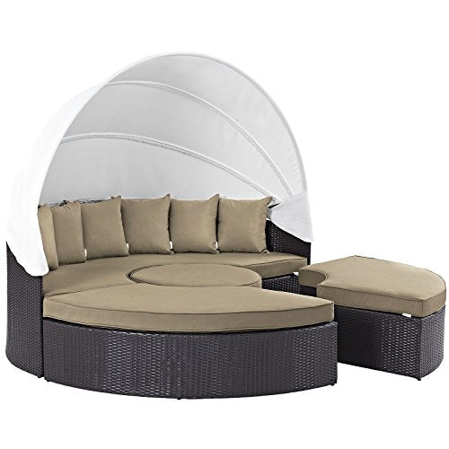 Modway Convene Wicker Rattan Outdoor Patio Retractable Canopy Round Poolside Sectional Sofa Daybed with Cushions in Espresso Mocha