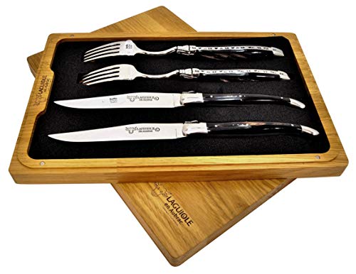 Laguiole en Aubrac Stainless Steel Set of 2 Forks and 2 Knives with Water Buffalo Handle