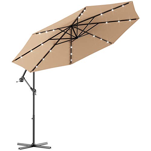 Tangkula 10FT Outdoor Patio Umbrella Solar LED Lighted Sun Shade Market Umbrella with Hanging Cover and Cross Base (Beige)