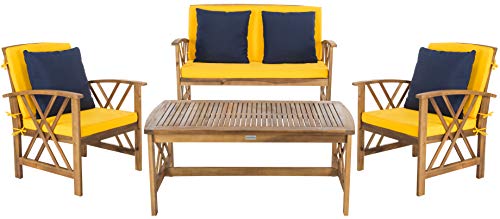 Safavieh PAT7008D Collection Fontana Teak Look 4 Pc Outdoor Set, Natural/Yellow