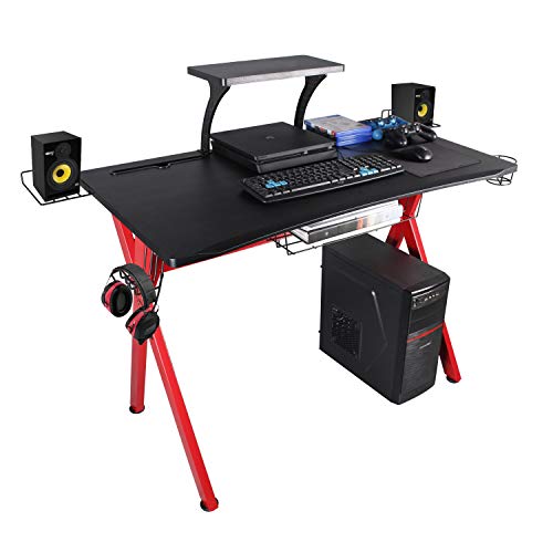 Lazzo Stylish 41.7" Multifunction Computer Gaming Desk Music Workstation With Removable Display Support Plate,Cup Holder and Headphone Hook,Storage Basket,For Home Office Bedroom,Red & Black 41"x23.5"