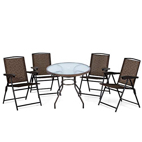 Goplus 5-Piece Bistro Set Outdoor Patio Furniture Weather Resistant Garden Round Table and 4 Folding Sling Chairs (4 Sling Chairs+Wicker Edge Table)