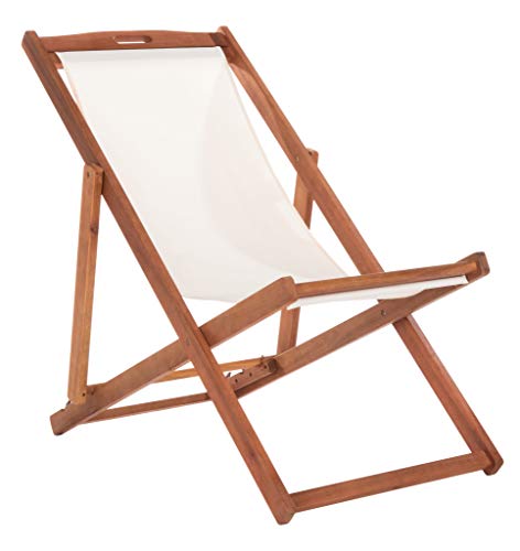 Safavieh PAT7040A-SET2 Outdoor Collection Loren Teak, White Foldable Sling Adirondack Chair, Natural/Navy Stripe