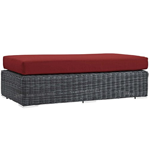 Modway Summon Wicker Rattan Outdoor Patio Sunbrella Fabric Rectangle Ottoman in Canvas Red