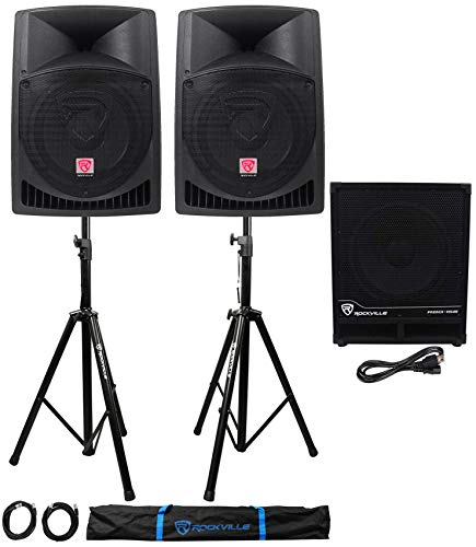 (2) Rockville RPG12 12" Powered PA Speakers+Active 15" Subwoofer+Stands+Cables