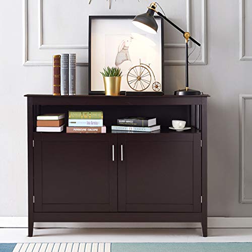 Costzon Kitchen Storage Sideboard Dining Buffet Server Cabinet Cupboard Chest with 2 Level Cabinets and Open Shelf Brown