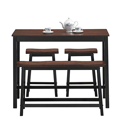 COSTWAY 4 Piece Solid Wood Dining Table Counter Height W/ One Bench & Two Saddle Stools Industrial Style Foot Pads Black & Brown