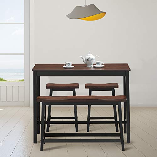 COSTWAY 4 Piece Solid Wood Dining Table Counter Height W/ One Bench & Two Saddle Stools Industrial Style Foot Pads Black & Brown