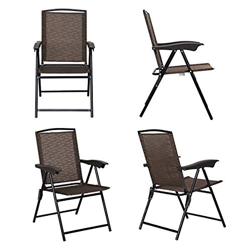 Goplus 5-Piece Bistro Set Outdoor Patio Furniture Weather Resistant Garden Round Table and 4 Folding Sling Chairs (4 Sling Chairs+Wicker Edge Table)