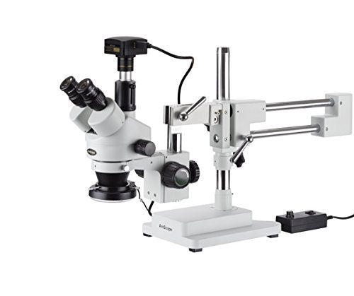 AmScope 7X-45X Simul-Focal Stereo Zoom Microscope on Dual Arm Boom Stand with 144-LED Ring Light and 18MP USB3 Camera