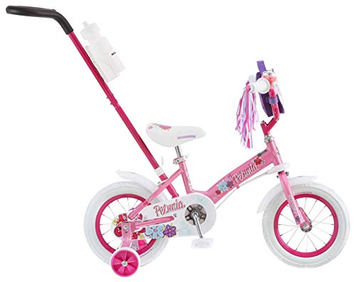 Schwinn Petunia Steerable Kids Bike, Girls Beginner Bicycle, 12-Inch Wheels, Training Wheels, Easily Removed Parent Push Handle with Water Bottle Holder, Pink