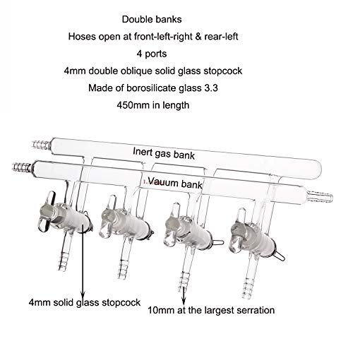 Laboy Glass Double Maniflod Vacuum Gas Distributor for Schlenk Line with 4-Port Solid Glass Stopcock Front-Left-Right &Rear-Left Hose Opens 450mm in Length Chemistry Lab Glassware