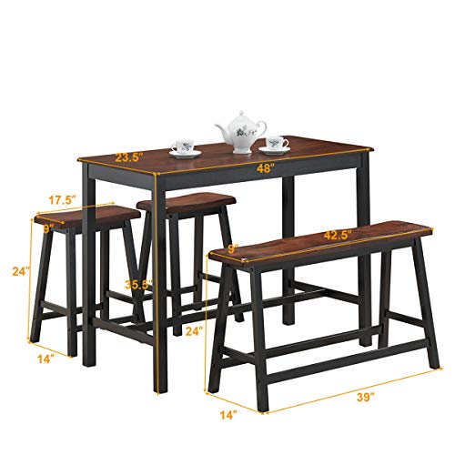 COSTWAY 4 Piece Solid Wood Dining Table Counter Height W/ One Bench & Two Saddle Stools Industrial Style Foot Pads Black & Brown