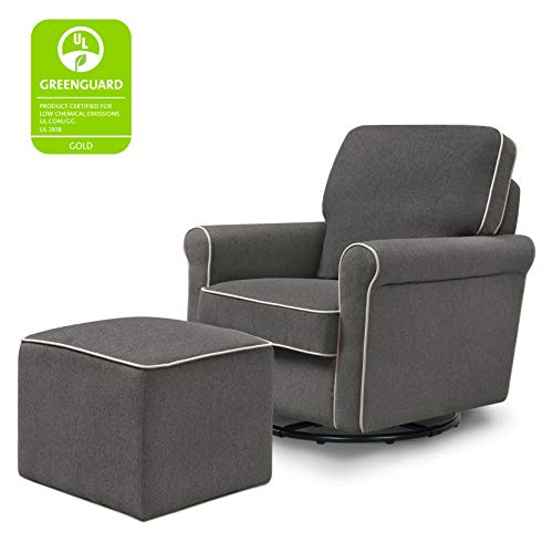 DaVinci Maya Upholstered Swivel Glider and Ottoman, Dark Grey with Cream Piping