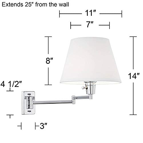 Clement Modern Industrial Swing Arm Wall Lamps Set of 2 Sleek Chrome Plug-in Light Fixture White Linen Empire Shade Bedroom Bedside House Reading Living Room Home Hallway - 360 Lighting