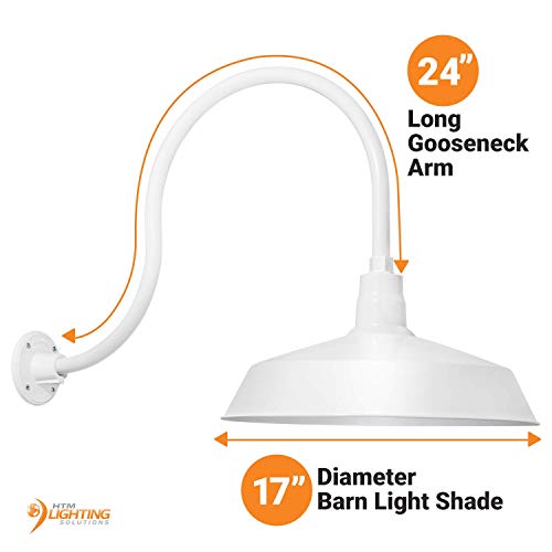 17in. White Finish Outdoor Gooseneck Barn Light Fixture with 24in. Long Extension Arm - Wall Sconce Farmhouse, Vintage, Antique Style - UL Listed - 9W 900lm A19 LED Bulb (5000K Cool White)