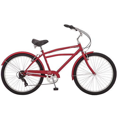 Schwinn Huron Adult Beach Cruiser Bike, Featuring 17-Inch/Medium Steel Step-Over Frames, 7-Speed Drivetrains, Red