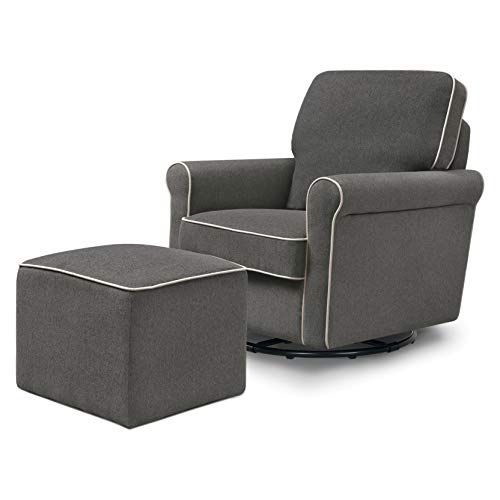 DaVinci Maya Upholstered Swivel Glider and Ottoman, Dark Grey with Cream Piping