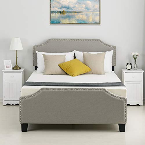 LAGRIMA Upholstered Linen Platform Bed, Curved Shape Headboard, Footboard and Metal Frame with Sticky Wood Slat Support, Headboard Height Adjustable, Khaki, Queen