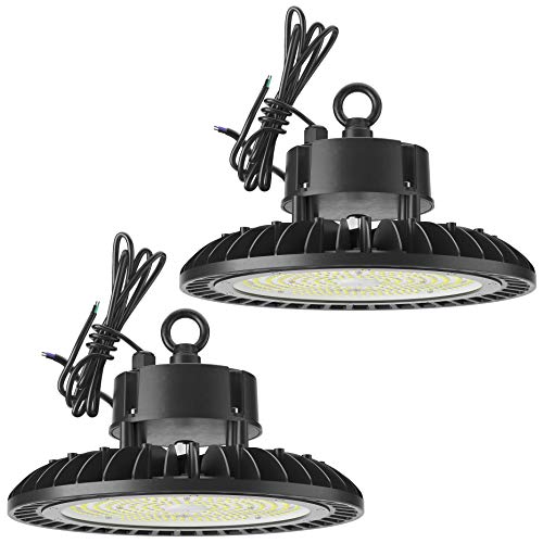 Sunco Lighting 2 Pack UFO LED High Bay, 150W, 600W HID Replacement, 21,000 LM, 5000K Daylight, IP65 Waterproof, Commercial Grade Lighting, Hook Mount, Safety Cable, Warehouse - UL, DLC