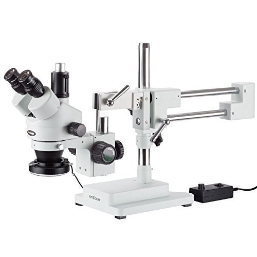 AmScope 7X-45X Simul-Focal Stereo Zoom Microscope on Dual Arm Boom Stand with 144-LED Ring Light and 18MP USB3 Camera