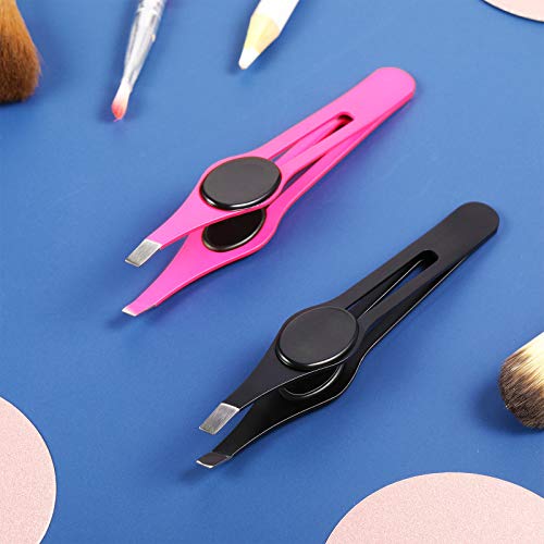 2 Pieces Wide Non-Slip Grip Slant Tip Tweezers Stainless Steel Slant Tweezer Precision Tip Hair Clip Tweezer for Ingrown Hair Facial Hair Eyebrow Shaping Splinter Blackhead Remover (Black, Rose Red)