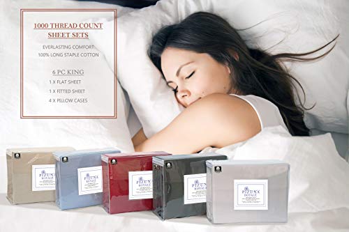 1000 Thread Count Charcoal 6 Piece King Sheet Set with 2 Extra Pillow Cases, 100% Long Staple Cotton Smooth Sateen Weave Bed Sheets with Deep Pockets, Value Pack 6 pc Cotton Sheets King Grey