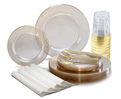 " OCCASIONS" 960pcs set (120 Guests)-Heavyweight Wedding Party Disposable Plastic Plate Set -120 x 10.5'' + 120 x 7.5'' + Silverware + Cups + Napkins (Seasons Clear w/Gold Glitter)