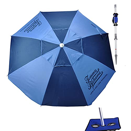 Tommy Bahama 7 ft Fiberglass Beach Umbrella for Sand with Integrated Anchor, Integrated Table, Telescopic Aluminum Pole, UPF 50+, Tilt