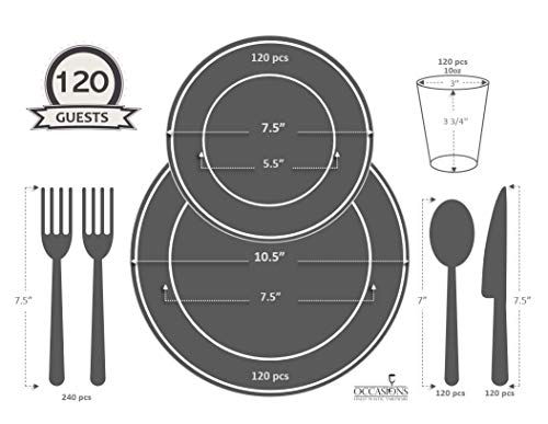 " OCCASIONS" 960pcs set (120 Guests)-Heavyweight Wedding Party Disposable Plastic Plate Set -120 x 10.5'' + 120 x 7.5'' + Silverware + Cups + Napkins (Seasons Clear w/Gold Glitter)