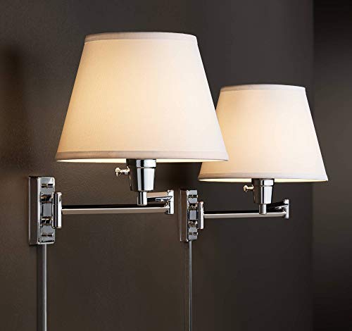 Clement Modern Industrial Swing Arm Wall Lamps Set of 2 Sleek Chrome Plug-in Light Fixture White Linen Empire Shade Bedroom Bedside House Reading Living Room Home Hallway - 360 Lighting