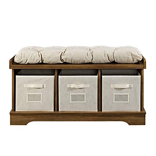 Walker Edison Furniture Company Modern Farmhouse Entryway Shoe Storage Bench Totes Upholstered Cushion Hallway Organizer, 42 Inch, Reclaimed Barnwood