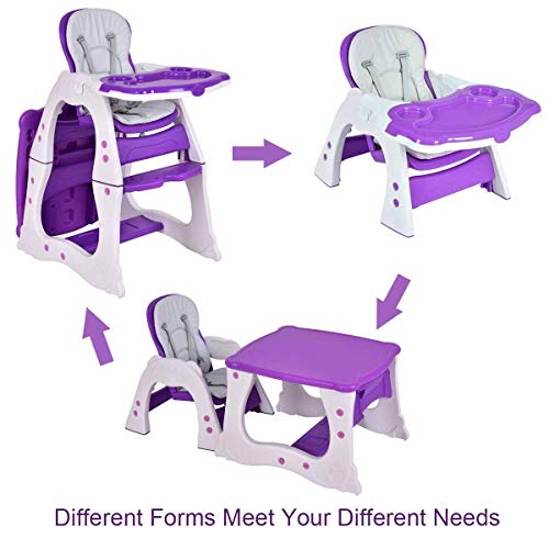 HONEY JOY Baby High Chair, 4-in-1 Convertible Baby Highchair/Booster Seat/Toddler Recliner Chair/Table and Chair Set, Footrest & Safety Harness, 3-Position Adjustable Feeding Tray for Infants(Purple)