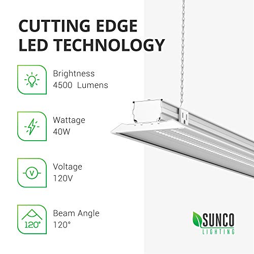 Sunco Lighting 7 Pack LED Flat Shop Light, 4 FT, 40W=230W, 5000K Daylight, Clear Lens, Linkable, Double Integrated LED, Mounting Equipment Included - ETL + Energy Star