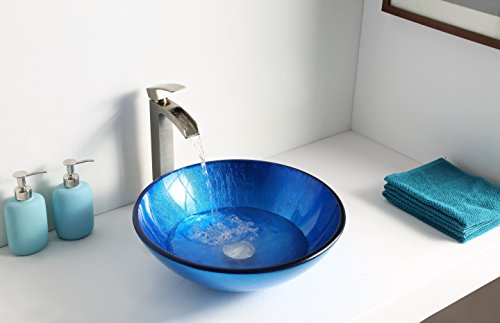 ANZZI Clavier Modern Tempered Glass Vessel Bowl Sink in Lustrous Blue | Top Mount Bathroom Sinks above Counter | Round Vanity Countertop Sink Bowl | LS-AZ027