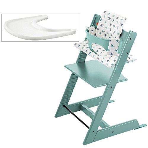 Stokke Tripp Trapp High Chair, Baby Set - Aqua Blue, White Tray & Cushion - Aqua Star