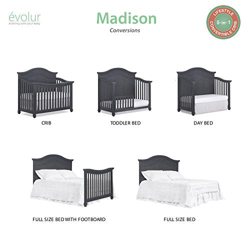 Evolur Madison 5, 1 Curved Top Convertible Crib, Weathered Grey