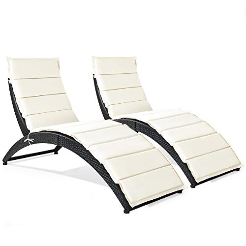 Tangkula Foldable Patio Lounge Chair, Outdoor Rattan Lounger Chaise, Portable Patio Chaise with Cushion, All-Weather Wicker Furniture for Garden Lawn Balcony Backyard Poolside (2)