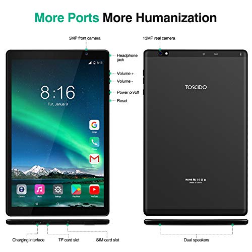 10 Inch Tablet 5G WiFi -TOSCIDO Android 10.0,1920x1200 HD IPS,Octa-Core,3GB RAM,64GB ROM,13M & 5M Camera,Bluetooth 5.0,GPS, Metal Body,6000 MAh Long Standby,Type-C -Black
