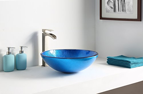 ANZZI Clavier Modern Tempered Glass Vessel Bowl Sink in Lustrous Blue | Top Mount Bathroom Sinks above Counter | Round Vanity Countertop Sink Bowl | LS-AZ027