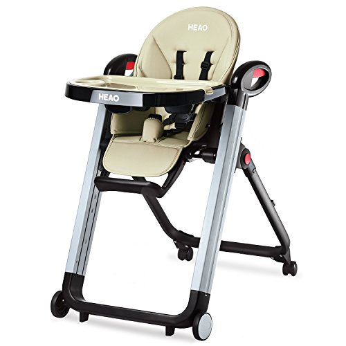 HEAO Foldable High Chair Reclining Height Adjustable 4 Wheels Beige