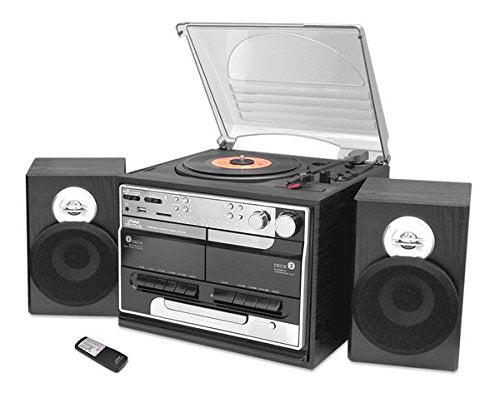 Updated Classic Style Record Player - Bluetooth Turntable with Vinyl to MP3 Recording, Dual Cassette Deck & CD Player, Convert Vinyl to MP3, 3 Speeds: 33, 45, 78 RPM, Wireless Remote - Pyle PTTCSM70BT
