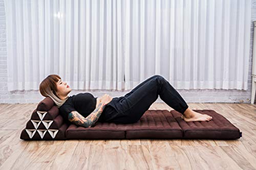 Leewadee Foldout Triangle Thai-Cushion Floor-Seat with Back-Rest TV Pillow Lounge-r Foldable Out-Door Mattress, 31.5x67x15 inches, Kapok, Black red