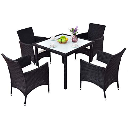 Tangkula 5PCS Patio Wicker Dining Set, Rattan Table  4Chairs Cushioned Seat w/ Removable Cushions Black