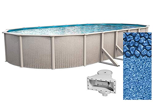 Lake Effect 15 Foot by 24 Foot Oval Impressions Above Ground Swimming Pool | 48 Inch Height | Boulder Swirl Overlap Liner and Wide Mouth Skimmer Bundle | Resin Protected Steel Sided Walls